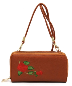 Embroidered Flower Double Zip Around Crossbody Wallet AD040E TAN